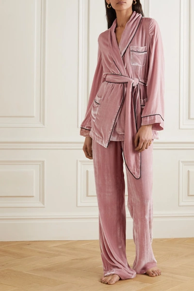 Shop Sleeping With Jacques The Bon Vivant Belted Piped Velvet Robe In Blush