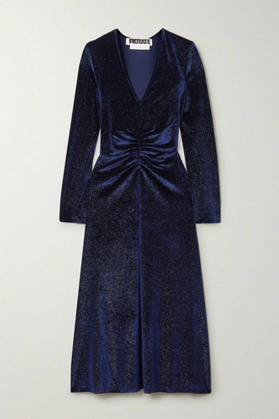 Shop Rotate Birger Christensen Ruched Glittered Velvet Midi Dress In Midnight Blue