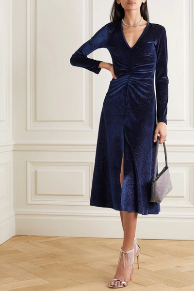 Shop Rotate Birger Christensen Ruched Glittered Velvet Midi Dress In Midnight Blue