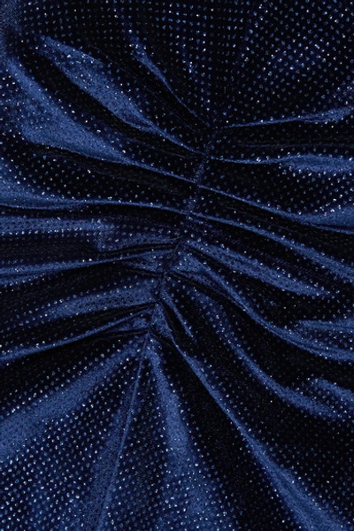 Shop Rotate Birger Christensen Ruched Glittered Velvet Midi Dress In Midnight Blue