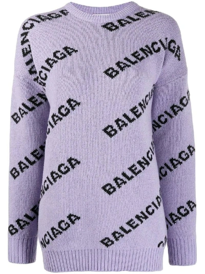 Shop Balenciaga Over-sized Logo Print Sweater In Purple