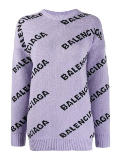 Shop Balenciaga Over-sized Logo Print Sweater In Purple