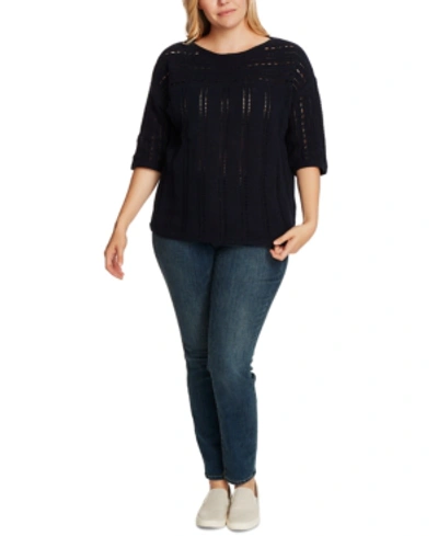 Shop Vince Camuto Plus Size Cotton Open-stitch Boatneck Sweater In Caviar