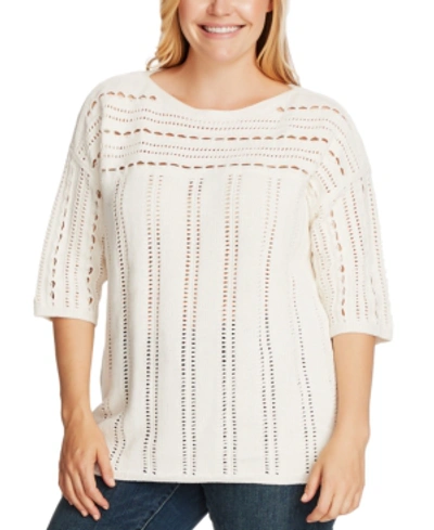 Shop Vince Camuto Plus Size Cotton Open-stitch Boatneck Sweater In Pearl Ivory