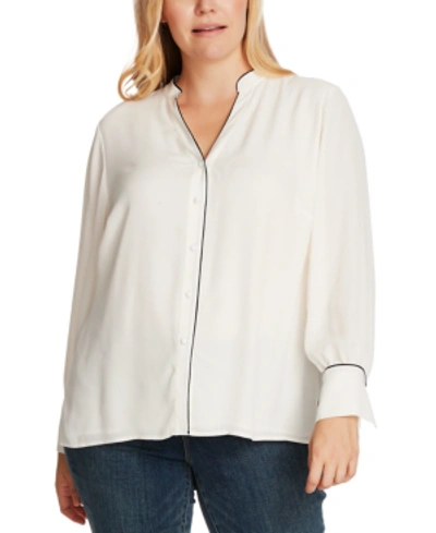 Shop Vince Camuto Plus Size Contrast-trim Button-up Blouse In Pearl Ivory