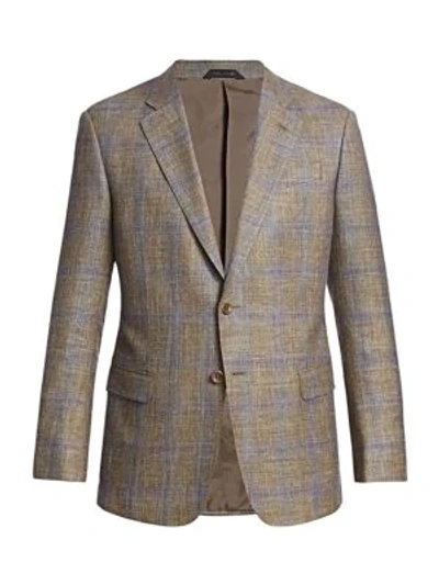 Shop Giorgio Armani Men's Windowpane Virgin Wool Suit Jacket In Grey Purple