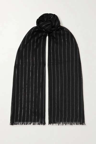 Shop Saint Laurent Metallic Striped Cashmere-blend Scarf In Black
