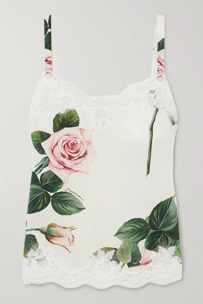 Shop Dolce & Gabbana Lace-trimmed Floral-print Stretch Silk-blend Camisole In Cream