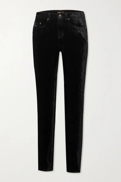 Shop Saint Laurent Stretch-velvet Skinny Pants In Black