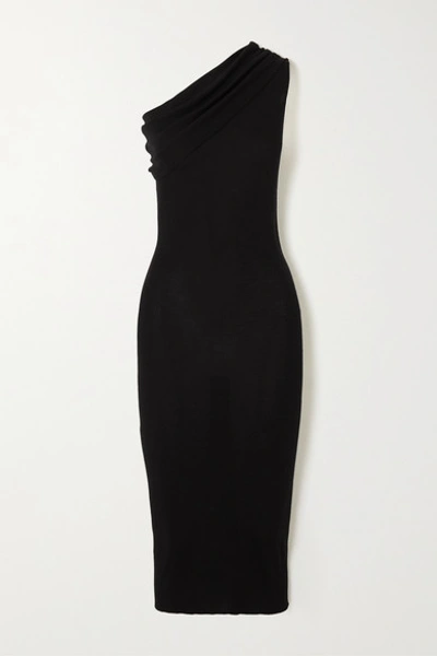 Shop Rick Owens One-shoulder Ribbed Wool Dress In Black