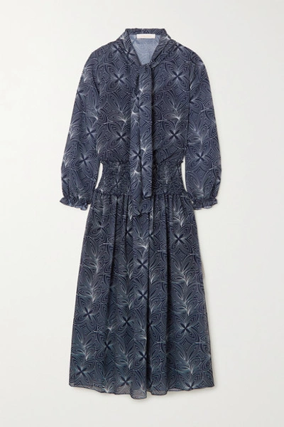 Shop See By Chloé Pussy-bow Smocked Floral-print Georgette Midi Dress In Blue
