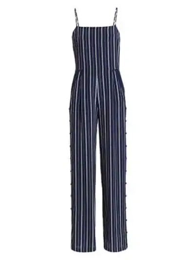 Shop L Agence Finley Button-leg Jumpsuit In Navy Ivory Pinstripe