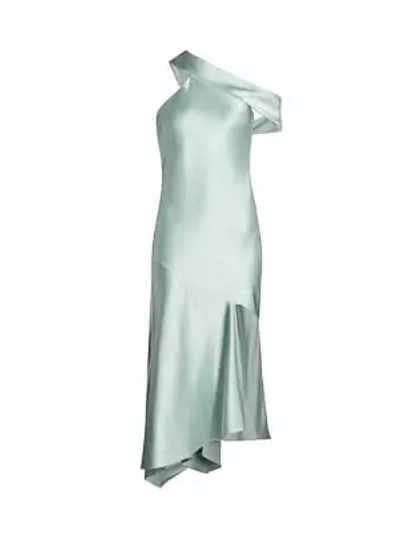 Shop Cushnie Off-the-shoulder Asymmetric Silk Slip Dress In Sea Green