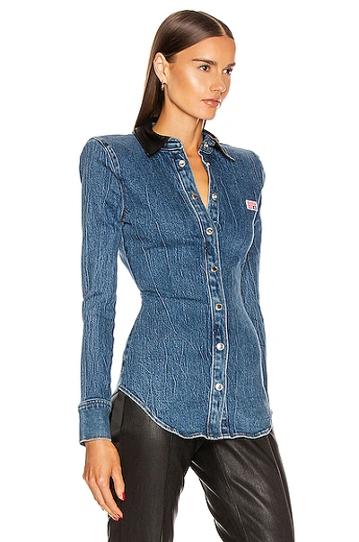 Shop Alexander Wang Leather Collar Denim Shirt In Deep Blue