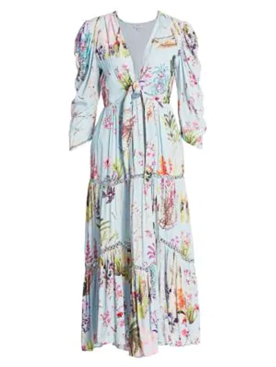 Shop Hemant & Nandita Floral-print Tie Cutout Puff-sleeve Flounce Midi Dress In Powder Blue