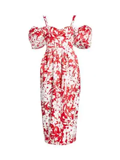 Shop Rosie Assoulin Off-the-shoulder Puff-sleeve Floral Silk Midi Dress In Serrano Red