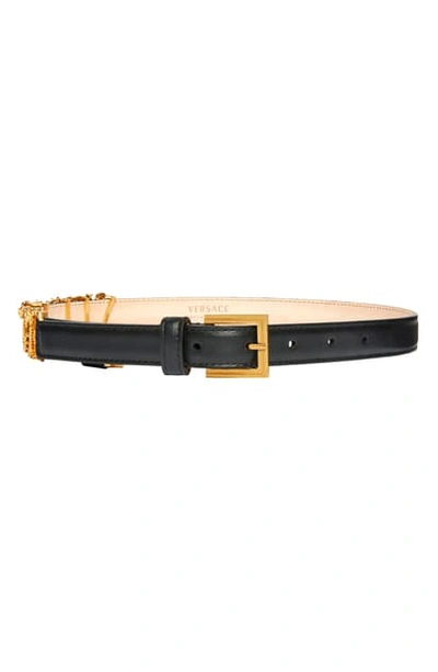 Shop Versace Logo Letter Leather Belt In Nero/oro Tribute
