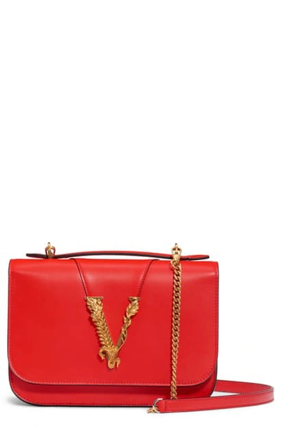 Shop Versace V Leather Top Handle Bag In Eros Flame Red/ Tribute Gold