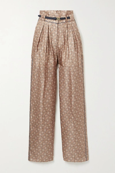 Shop Fendi Belted Printed Silk-satin Twill Wide-leg Pants In Beige