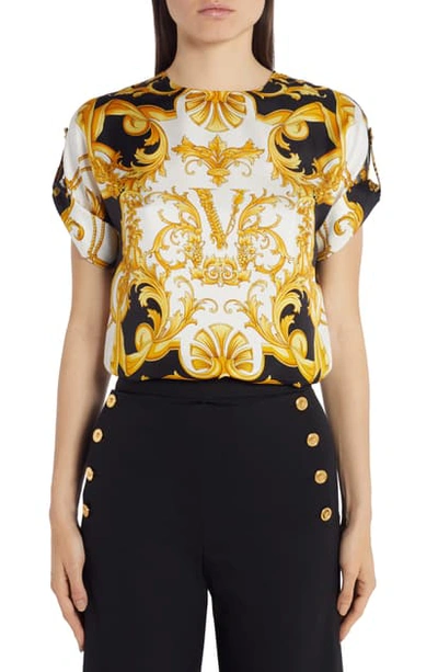 Shop Versace Barco Print Roll Sleeve Top In Black/gold