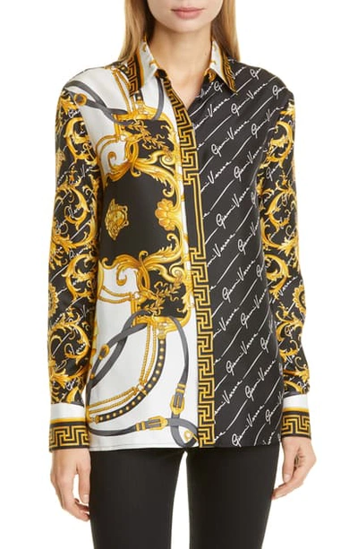 Shop Versace Barocco Gianni Signature Print Silk Blouse In Black/gold