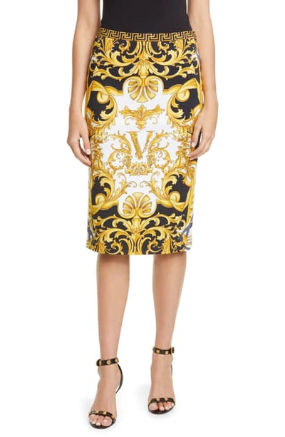 Shop Versace Barco Print Pencil Skirt In Black/gold