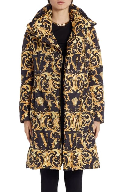 Shop Versace V-barocco Print Down Puffer Coat In Black/gold