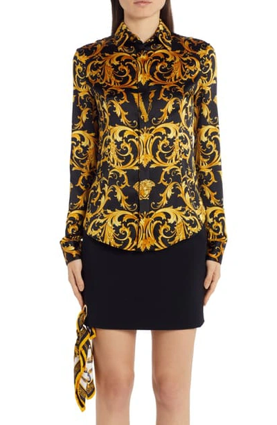 Shop Versace V-barocco Print Stretch Silk Blouse In Black/gold