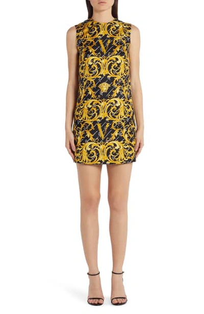 Shop Versace Swirl Print Stretch Silk Shift Dress In Black/gold