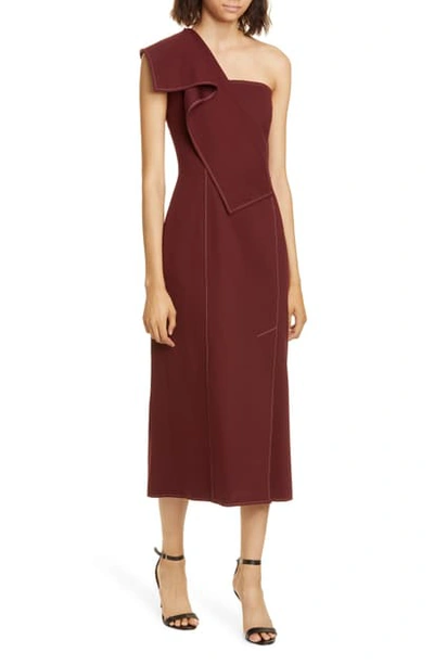 Shop Adeam Ruffle One-shoulder Twill Midi Dress In Burgundy