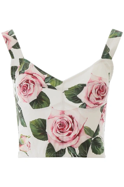 Shop Dolce & Gabbana Tropical Rose Bustier Top In White,pink,green