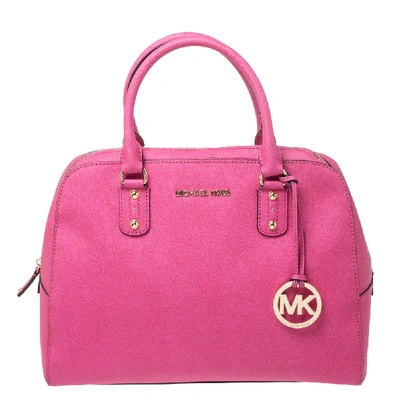 Pre-owned Michael Kors Michael  Fuchsia Leather Cindy Dome Satchel In Pink