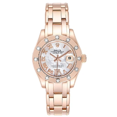 Pre-owned Rolex Mop 18k Rose Gold And Diamonds Pearlmaster 80315 Women's Wristwatch 29 Mm In Silver