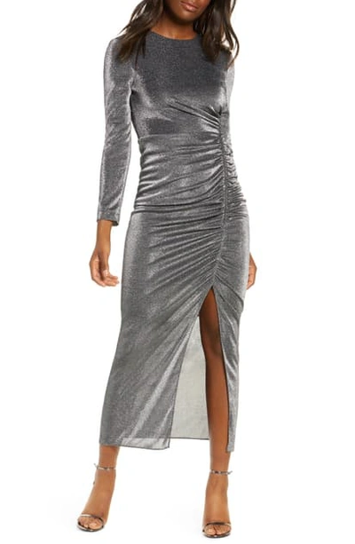 Shop Vince Camuto Long Sleeve Ruched Metallic Midi Dress In Black/ Silver