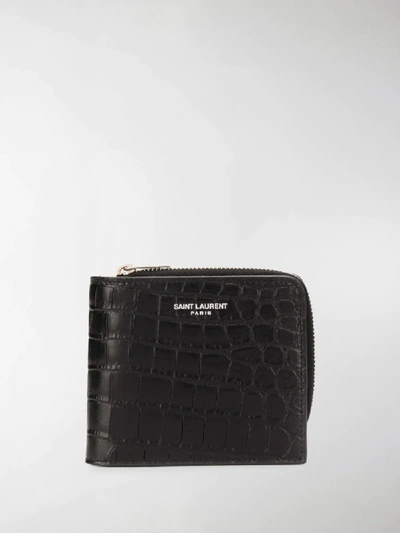 Shop Saint Laurent Matte Crocodile Embossed Zip-around Wallet In Black
