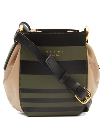 Shop Marni Gusset Striped Leather Shoulder Bag In Moss And Black