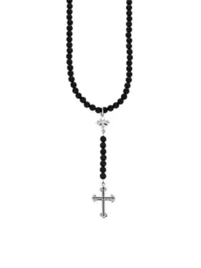 Shop King Baby Studio Men's New Classics Sterling Silver Beaded Cross Rosary In Silver Black
