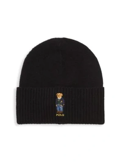 Shop Polo Ralph Lauren St. Andrew Aran Bear Embroidery Beanie Hat In Black
