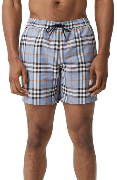 Shop Burberry Martin Check Swim Trunks In Porcelain Blue Ip Ck