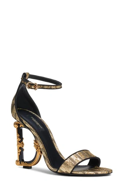 Shop Dolce & Gabbana Logo Heel Metallic Sandal In Gold/ Black