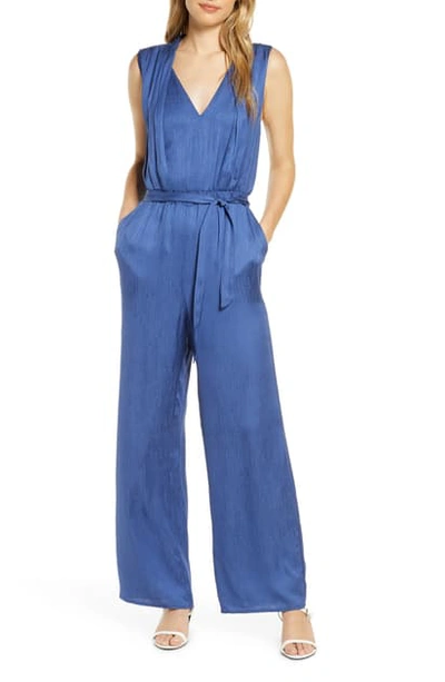 Shop Adelyn Rae Casey Textured Satin Jumpsuit In Steel Blue