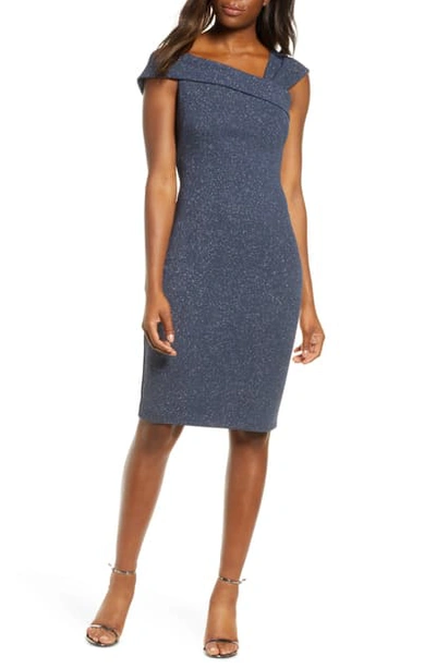 Shop Vince Camuto Glitter Knit Asymmetrical Neck Cocktail Dress In Steel