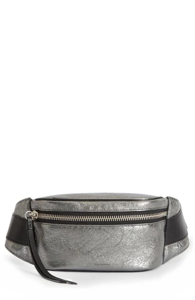 Shop Allsaints Miki Lea Metallic Leather Belt Bag In Gunsmoke Grey