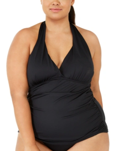 Shop La Blanca Plus Size Island Goddess Solid Halter Tankini Top Women's Swimsuit In Black