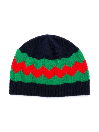 Shop Gucci Wavy Web Striped Beanie In Blue