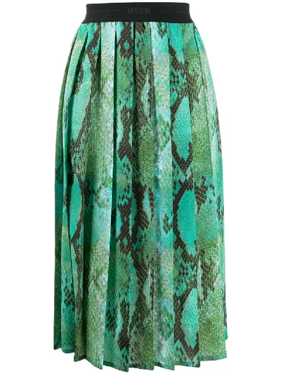 Shop Msgm Snakeskin Effect Pleated Skirt In Green