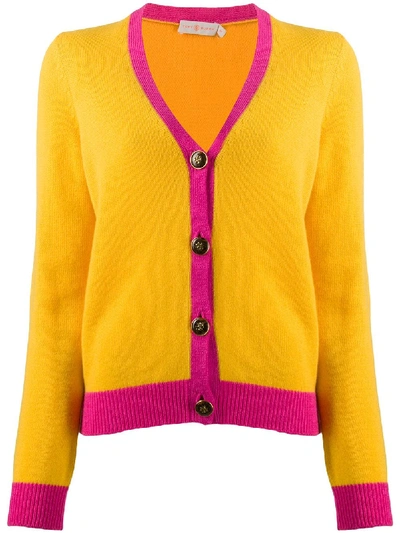 Shop Tory Burch Contrast-trimmed Cashmere Cardigan In Yellow