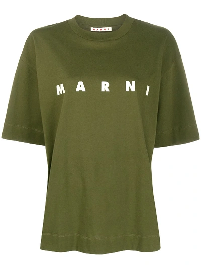 Shop Marni Logo Print Ribbed T-shirt In Green