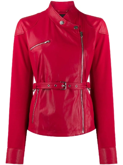 Shop Pinko Belted Zip-up Biker Jacket In Red