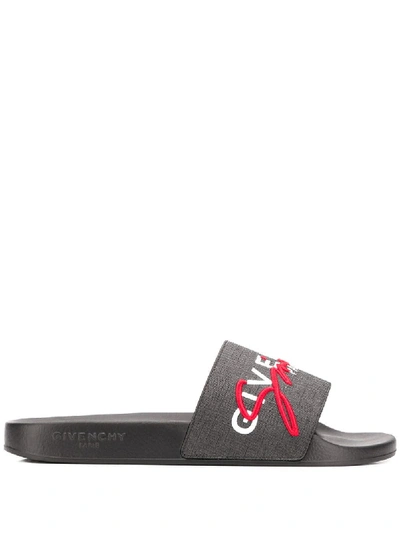 Shop Givenchy Signature Embroidered Slides In Black